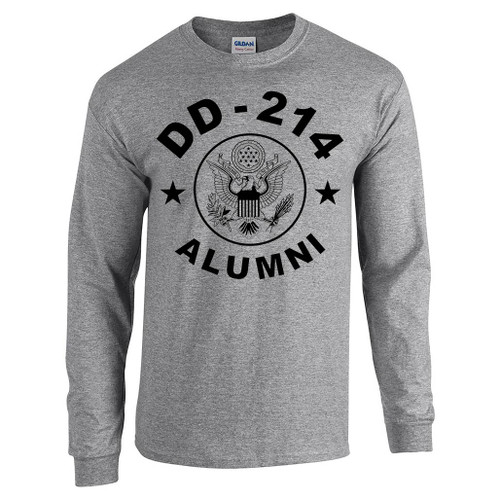US Veteran Long Sleeve Gray Shirt with Black DD-214 Alumni