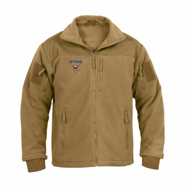 Officially Licensed by US Navy Eagle and Anchor logo with Veteran Text Embroidered Special Operations Tactical Fleece Jacket on coyote brown jacket and multi color embroidery