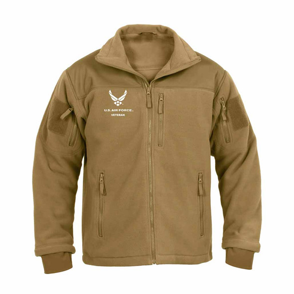 U.S. Air Force Special Ops Tactical Fleece Jacket with Hap Arnold Logo and USAF Veteran text: coyote brown jacket with white embroidery