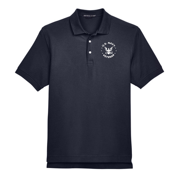 Officially Licensed U.S. Navy Eagle with Stars Veteran Polo: black polo with white embroidery