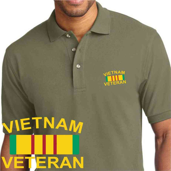 vietnam veteran ribbon embroidered olive drab green polo shirt