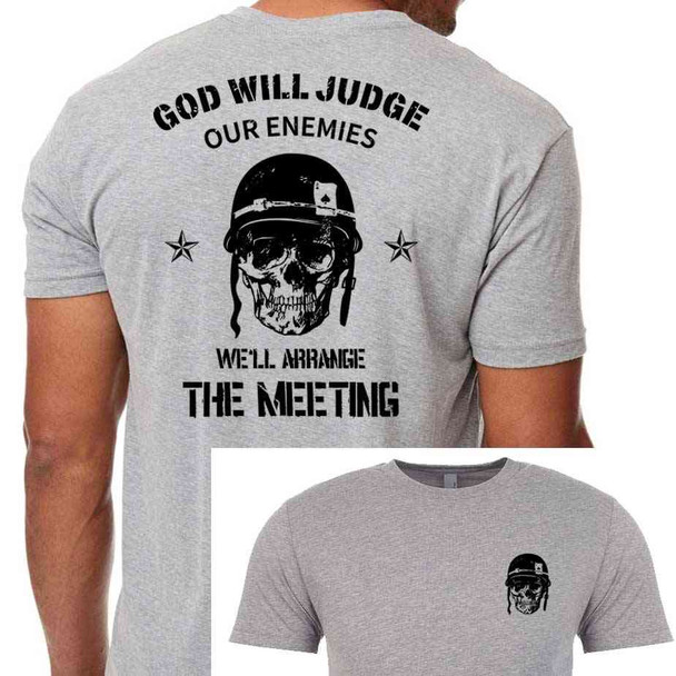 god will judge our enemies skull and helmet grey tee