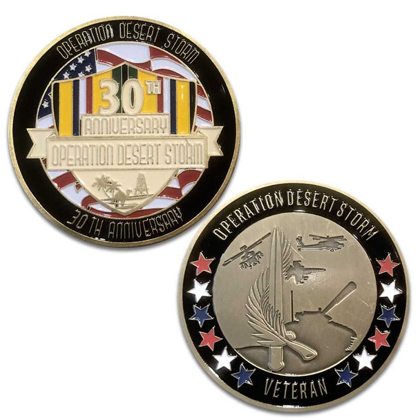 30th Anniversary Operation Desert Storm Challenge Coin with Ribbon and Shield Graphic