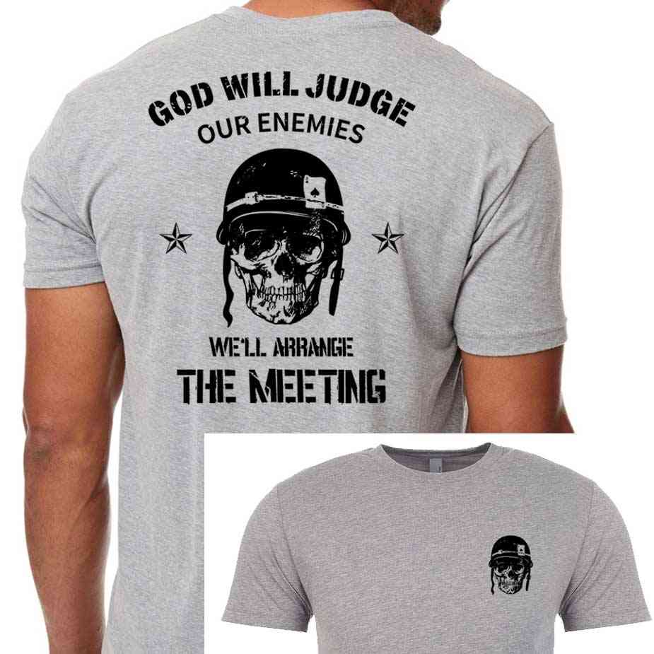 God Will Judge Our Enemies Graphic Skull and Helmet Tee