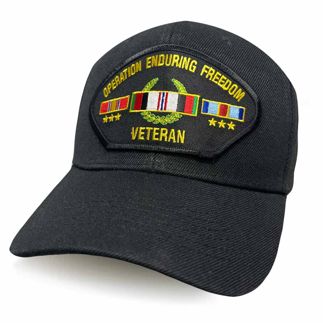 Operation Enduring Freedom Veteran Black Hat with three ribbons