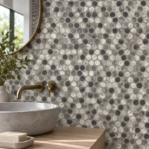 TAPESTRY PENNY ROUND GLASS MOSAIC — URBAN-TAPPENROUGLA-MOS — installed scene