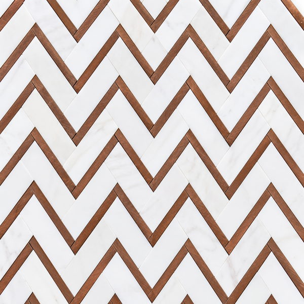 DOLOMITE W/ COPPER ALUMINUM 11"X13" HERRINGBONE MARBLE MOSAIC — DOLWCOPALUX1-11-TIL-POL — product shot