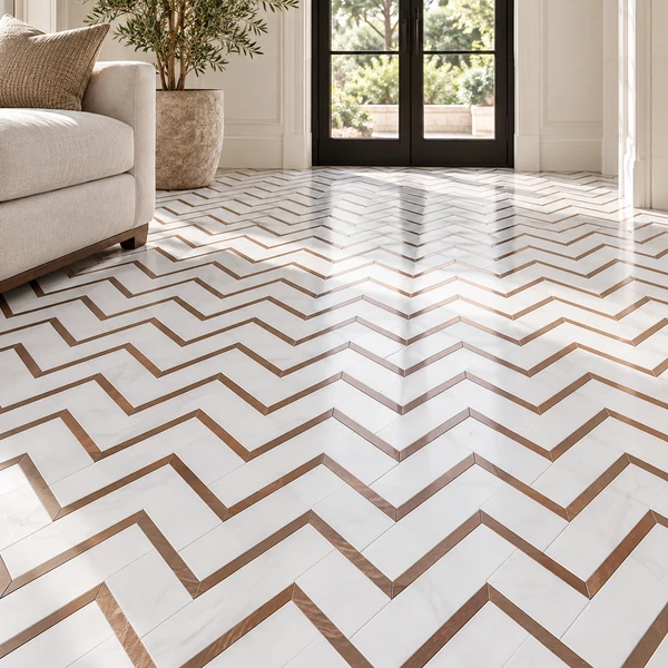 DOLOMITE W/ COPPER ALUMINUM 11"X13" HERRINGBONE MARBLE MOSAIC — DOLWCOPALUX1-11-TIL-POL — installed scene