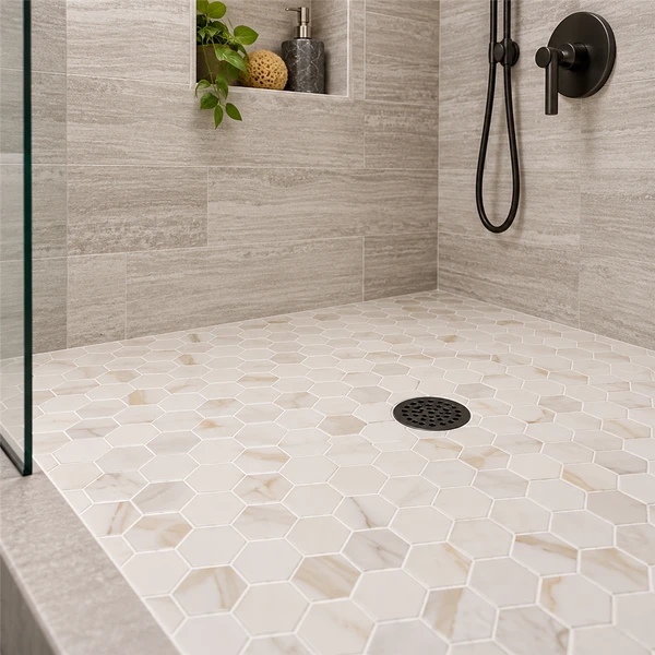 PIETRA CALACATTA 2"X2" HEXAGON MOSAIC — PIECALX2HEX-2-MOS-MAT — installed scene