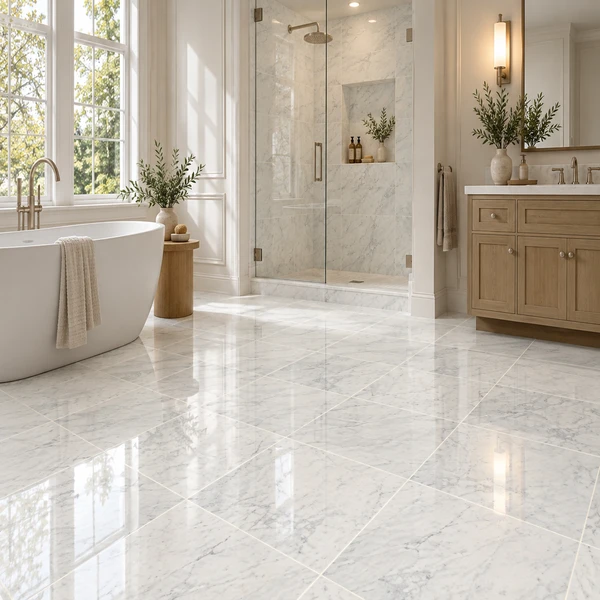 24" x 24" MUGLA CRYSTAL WHITE MARBLE — FMA-MUGCRYWHIMAR-24X24-TIL-POL — installed scene