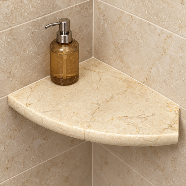 9" x 9" MARBLE CORNER SHELF — Crema Marfil — WON-MARCORSHE-9X9-SHELF-CREMAR-POL — installed scene