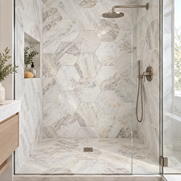AFRICA TEMPESTA 12" HEXAGON MARBLE TILE — VIK-AFRTEMHEXMAR-12-MOS-POL — installed scene