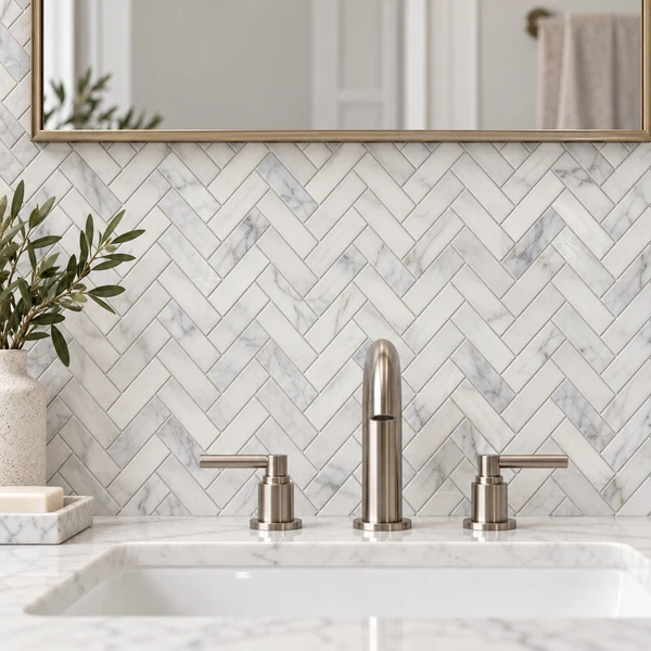 1" x 4" EASTERN HERRINGBONE MARBLE MOSAIC — White — EASHERMARMOS-1X4-MOS-WHITE-POL — installed scene