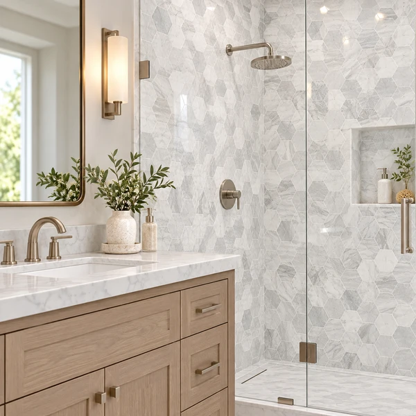 MERAM BLANC CARRARA 5" HEXAGON — VIK-MERBLACARHEX-5-MOS-POL — installed scene