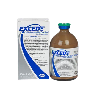 Excede (Ceftiofur Crystalline Free Acid) Sterile Suspension for Cattle and Equine, 100mL - EXCEDE® (ceftiofur crystalline free acid) Sterile Suspension is the first and only FDA-approved antibiotic for horses that offers a full course of therapy in just two doses. EXCEDE reduces the treatment requirements from 10 once-or twice-daily doses of an oral antibiotic, such as trimethoprim-sulfonamide (TMS), to just two doses. This can make treating equine respiratory infections less stressful for the horse and more convenient for the veterinarian and the horse owner. - NexGenVetRx.com