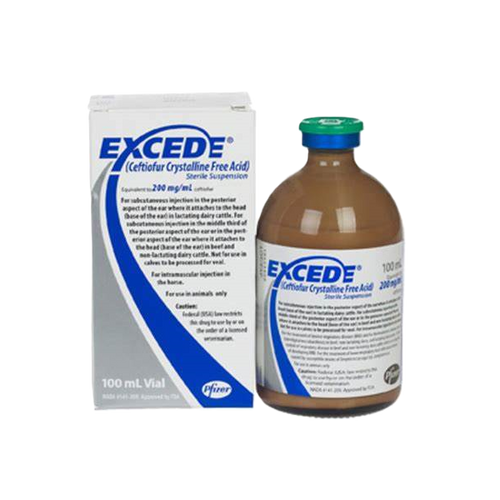 Excede (Ceftiofur Crystalline Free Acid) Sterile Suspension for Cattle and Equine, 100mL - EXCEDE® (ceftiofur crystalline free acid) Sterile Suspension is the first and only FDA-approved antibiotic for horses that offers a full course of therapy in just two doses. EXCEDE reduces the treatment requirements from 10 once-or twice-daily doses of an oral antibiotic, such as trimethoprim-sulfonamide (TMS), to just two doses. This can make treating equine respiratory infections less stressful for the horse and more convenient for the veterinarian and the horse owner. - NexGenVetRx.com Excede (Ceftiofur Crystalline Free Acid) Sterile Suspension for Cattle and Equine, 100mL - EXCEDE® (ceftiofur crystalline free acid) Sterile Suspension is the first and only FDA-approved antibiotic for horses that offers a full course of therapy in just two doses. EXCEDE reduces the treatment requirements from 10 once-or twice-daily doses of an oral antibiotic, such as trimethoprim-sulfonamide (TMS), to just two doses. This can make treating equine respiratory infections less stressful for the horse and more convenient for the veterinarian and the horse owner. - NexGenVetRx.com