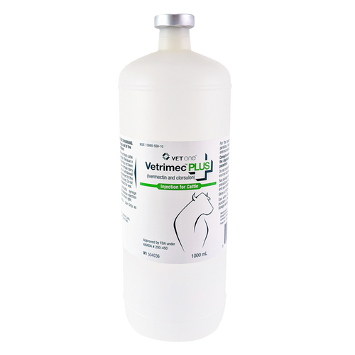 Vetrimec Plus (Ivermectin-Clorsulon) Injection, 1000mL - A ready-to-use sterile injectable solution containing 1% ivermectin and 10% clorsulon for the effective treatment and control of internal parasites, including adult liver flukes, and external parasites in cattle. A single injection treats and controls gastrointestinal roundworms, lungworms, cattle grubs, sucking lice and mange mites, in addition to controlling adult Fasciola hepatica. - NexGenVetRx.com Vetrimec Plus (Ivermectin-Clorsulon) Injection, 1000mL - A ready-to-use sterile injectable solution containing 1% ivermectin and 10% clorsulon for the effective treatment and control of internal parasites, including adult liver flukes, and external parasites in cattle. A single injection treats and controls gastrointestinal roundworms, lungworms, cattle grubs, sucking lice and mange mites, in addition to controlling adult Fasciola hepatica. - NexGenVetRx.com
