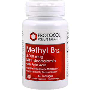 Methyl B12 5000 mcg by Protocol For Life Balance in a 60 lozenge bottle, for a healthy nervous system
