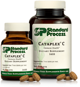 Cataplex® C by Standard Process in 90 and 360 tablet bottles, for immune, blood vessel, and bone support.
