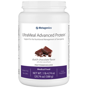 UltraMeal Adv Protein Dutch Chocolate, a nutritional drink mix by Metagenics in a 588 gm (1 lb 4.74 oz) bottle, to support muscle size and strength