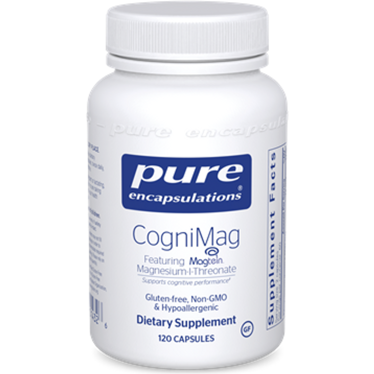 CogniMag by Pure Encapsulations in a 120 capsule bottle, supplying magnesium-l-threonate and polyphenol blend to support cognitive function