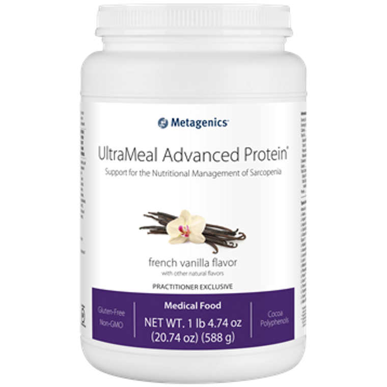 UltraMeal Advanced Protein French Vanilla, a nutritional drink mix by Metagenics in a 588 gm (1 lb 4.74 oz) bottle, to support muscle size and strength