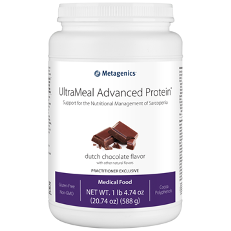 UltraMeal Adv Protein Dutch Chocolate, a nutritional drink mix by Metagenics in a 588 gm (1 lb 4.74 oz) bottle, to support muscle size and strength