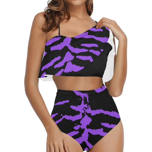 Purple Reverse Tiger  High Waisted Ruffle Bikini Set (Model S13)