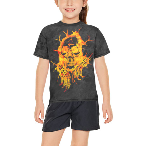 Fire Skull  Big Girls' All Over Print Crew Neck T-Shirt (Model T40-2)