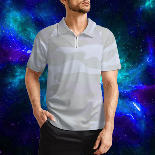 Gray Camo Men's Zipped Short Sleeve Sports Shirt