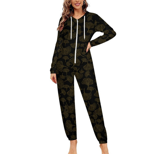 Ginkgo Leaves Inverted One-Piece Zip-Up Hooded Loungewear