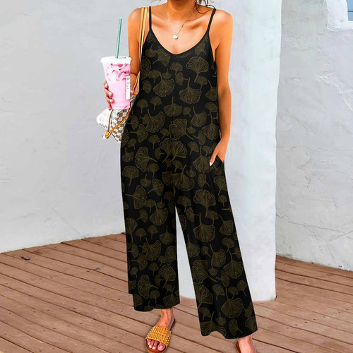 Ginkgo Leaves Inverted Suspender Jumpsuit