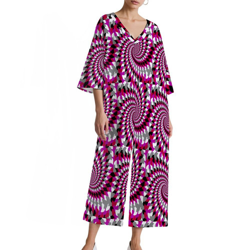 Pink Swirl Women's V-Neck Loose Jumpsuit 