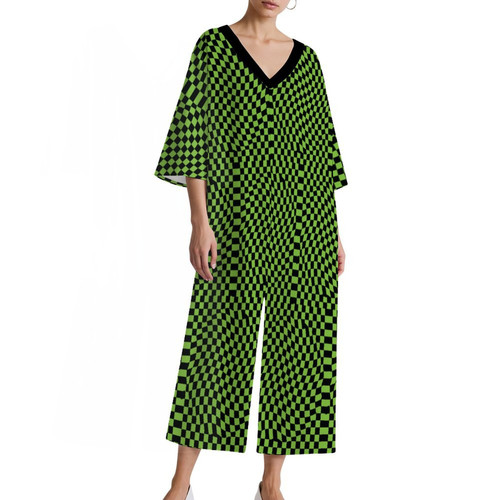 Green Checker Women's V-Neck Loose Jumpsuit 