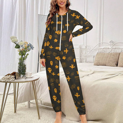 Halloween Pattern Orange One-Piece Zip-Up Hooded Loungewear