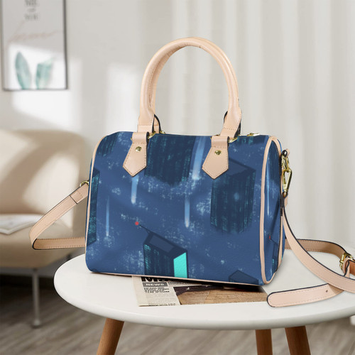 Nighttime Cityscape Boston Leather Handbag-Khaki Handle (Model 1746)