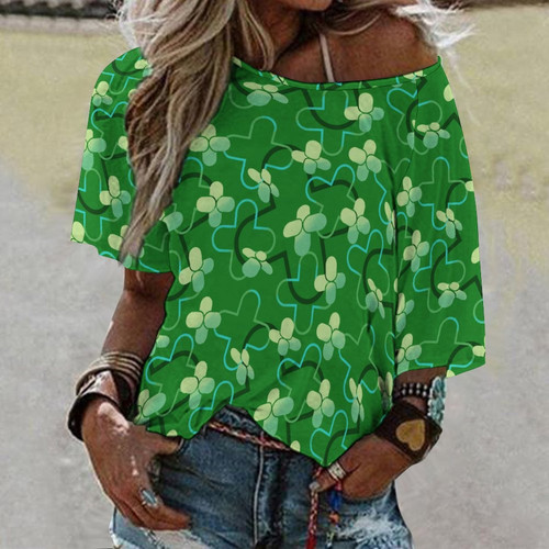 Halftone Clover Women’s Loose Half-Sleeve Boat Neck T-Shirt