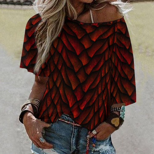 Red Dragon Scale Women’s Loose Half-Sleeve Boat Neck T-Shirt