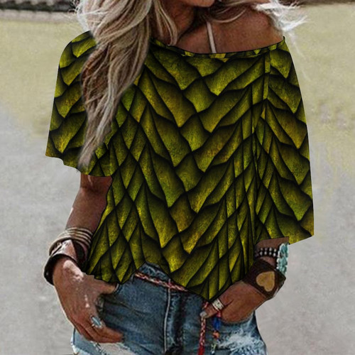 Yellow Dragon Scale Women’s Loose Half-Sleeve Boat Neck T-Shirt