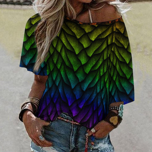 Rainbow Dragon Scale Women’s Loose Half-Sleeve Boat Neck T-Shirt