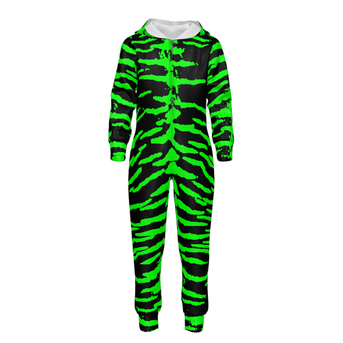 Green Reverse Tiger Kids Hooded Jumpsuit