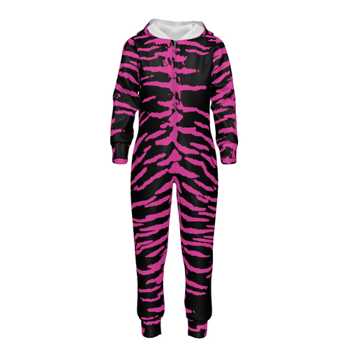 Pink Reverse Tiger Kids Hooded Jumpsuit