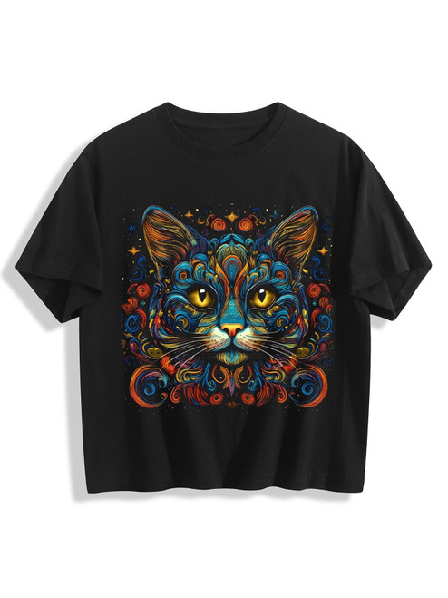 Cosmic Cat Women's Cropped T-Shirt (Front Side Printing) (USA)