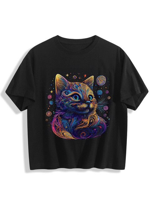 Cosmic Cat 3 Women's Cropped T-Shirt (Front Side Printing) (USA)
