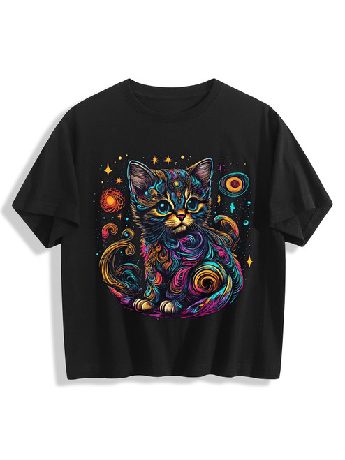 Cosmic Cat 4 Women's Cropped T-Shirt (Front Side Printing) (USA)