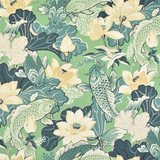 Playing Koi Eucalyptus by Carole Designer Fabric Jade 100% Cotton-SSR Spain 36" V, 27" H HD 54" - Swanky Fabrics -