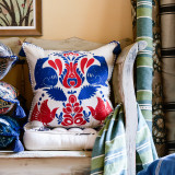 Mind The Gap Pillows FOLK EMBROIDERY Linen Embroidered Cushion (LC40080) | LC40080 | TRANSYLVANIAN ROOTS | 20 x 20 in | Blue, Red | Fabric Carolina | https://www.fabriccarolina.com/