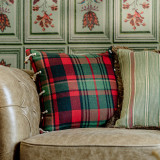 Tyrolean Plaid Cushion by Mind the Gap Designer Pillow TYROL APRES-SKI HOME COLLECTION 70% Wool, 15% Polyester, 15% other fibres Made in Romania Ten decorative wood toggle buttons 20 x 20 in - Swanky Fabrics -