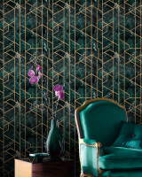 Mind The Gap Wallpaper GRAMERCY Emerald Wallpaper (WP20285) | WP20285 | THE WALLPAPER COLLECTABLES | 1 roll x 20.5x393.7 in | 0.52m / 20.5in | 10m / 393.7in | 5.20mp | 52cm / 20.5in | Black, Green, Gold | Satin Matte | Paste the wall | 1-roll in a box | Fabric Carolina | https://www.fabriccarolina.com/