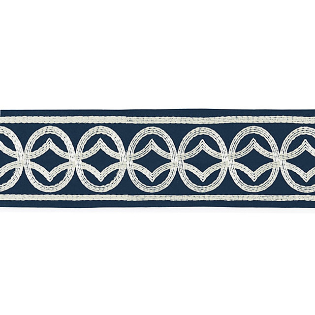 Athena Embroidered Tape/Navy T3305-003 by Scalamandre Trim Designer Trim STOCKED AT 54% COTTON;39% VISCOSE;7% SPUN POLYESTER INDIA LIGHT DUTY Horizontal: 3.125" and Vertical: 5.375" - Swanky Fabrics -